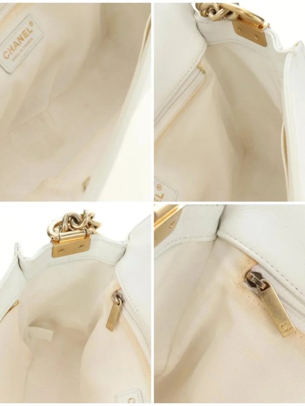 CHANEL Chain Boy Chanel Shoulder Bag Leather White Gold CC Auth ka4428V